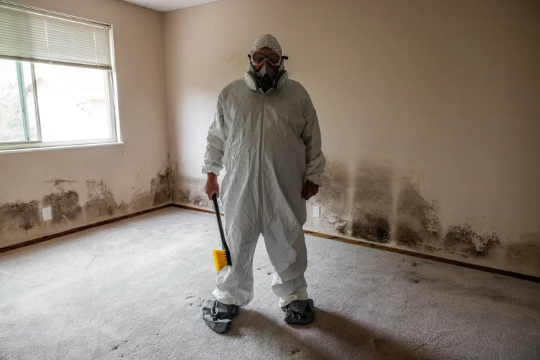 Technician in full protective gear standing in a room with severe mold growth on the walls during a mold remediation project.