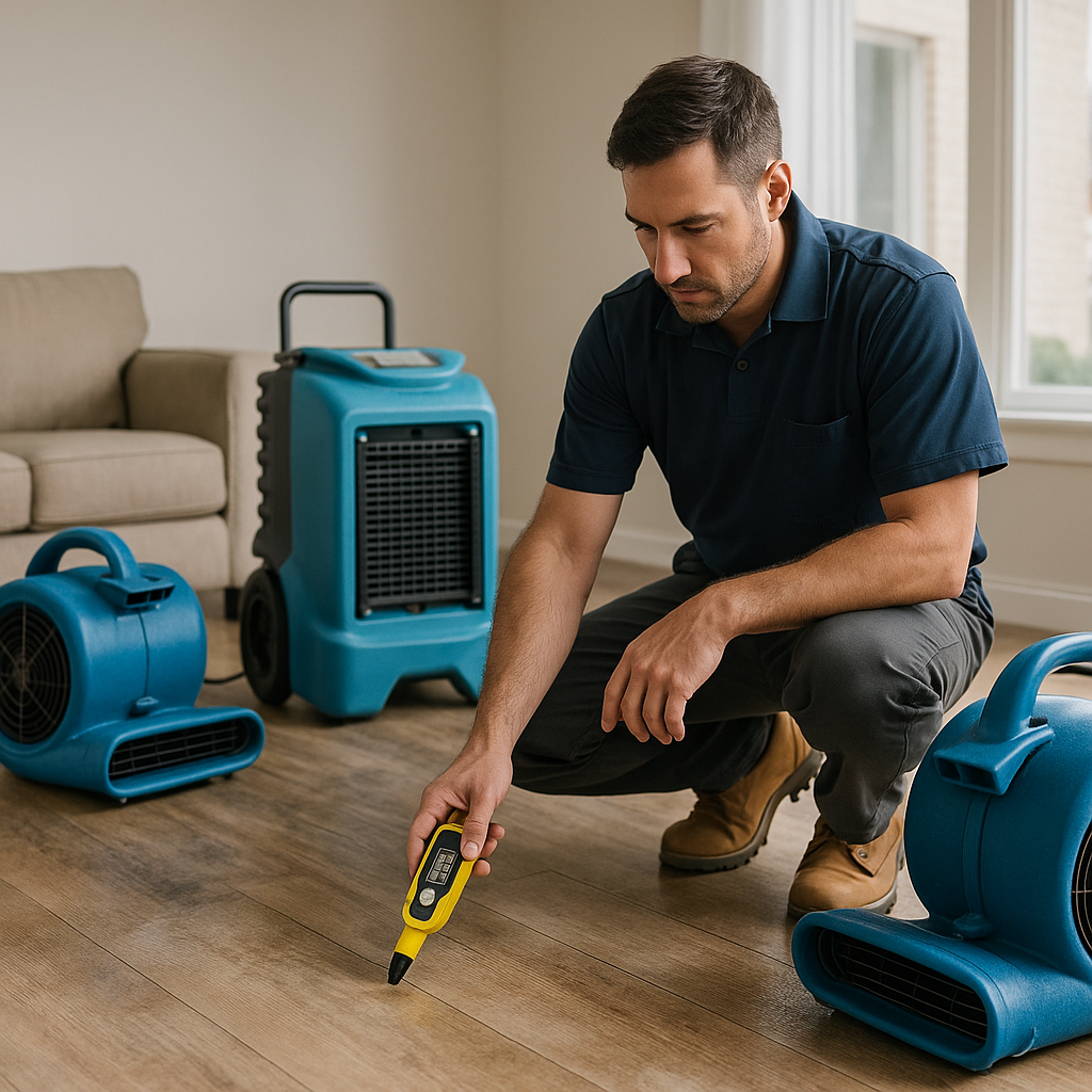 A professional technician using air movers and a moisture meter to restore a water-damaged residential living room.