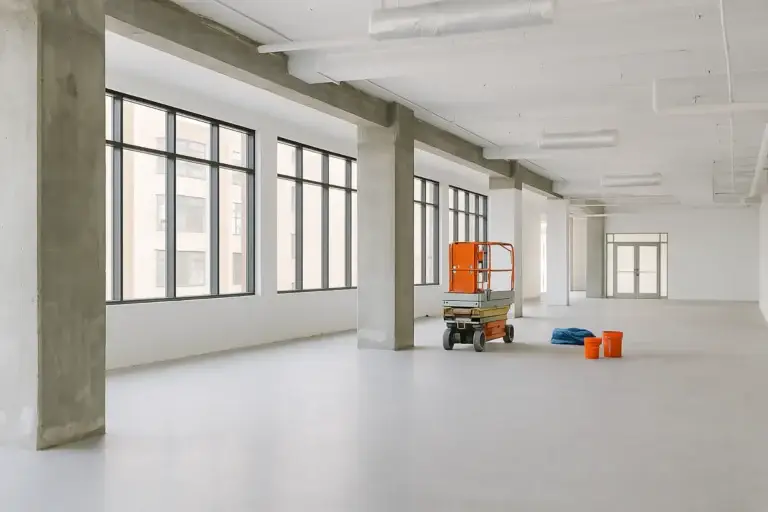 A bright, spacious commercial building interior undergoing restoration, with construction materials, equipment, and natural light streaming through large industrial windows.