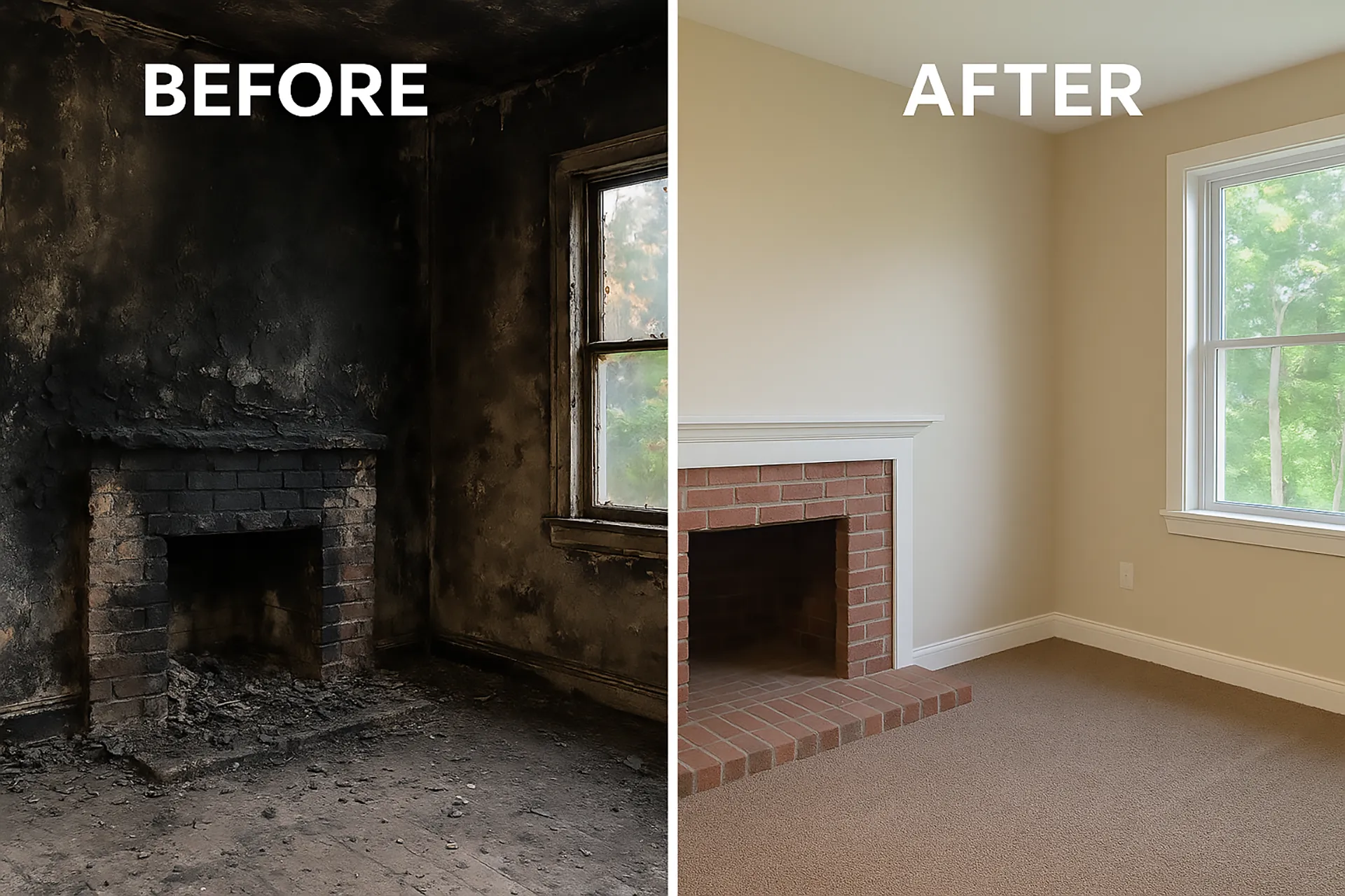 Side-by-side image showing a fire-damaged living room before restoration, with blackened walls and debris, and the same room after full restoration, featuring clean walls, new flooring, and bright natural light.