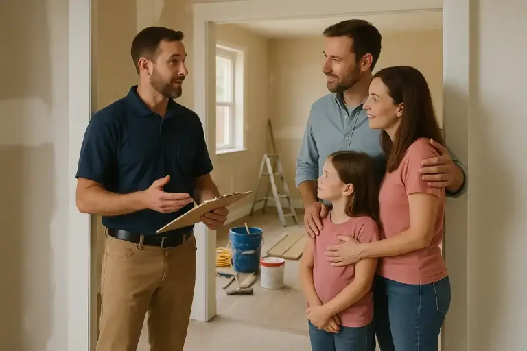 A restoration technician reviewing repair plans with a family inside a partially rebuilt home, symbolizing recovery and renewed safety after disaster.
