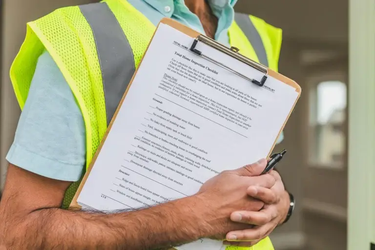 Close-up of a home inspector holding a clipboard with a home inspection checklist, symbolizing professional mold inspection and assessment.
