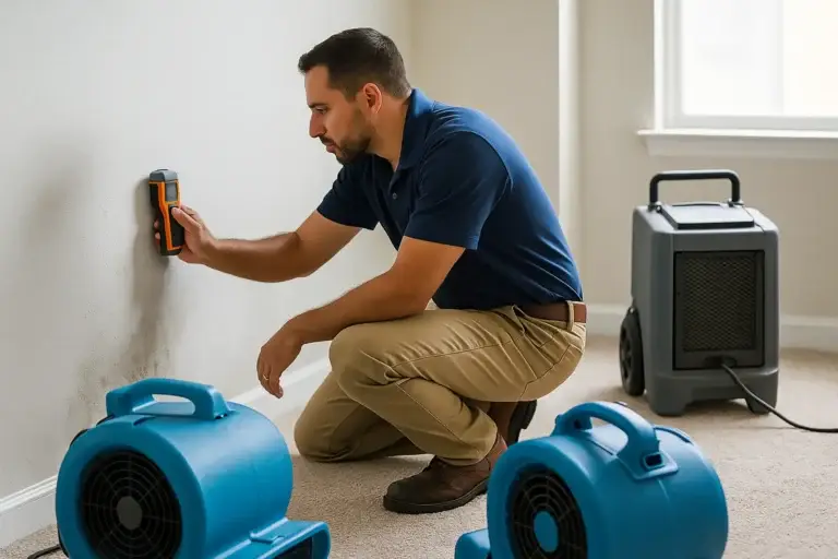 Restoration technician inspecting a damp wall with a moisture meter while air movers and dehumidifiers run during water damage cleanup.