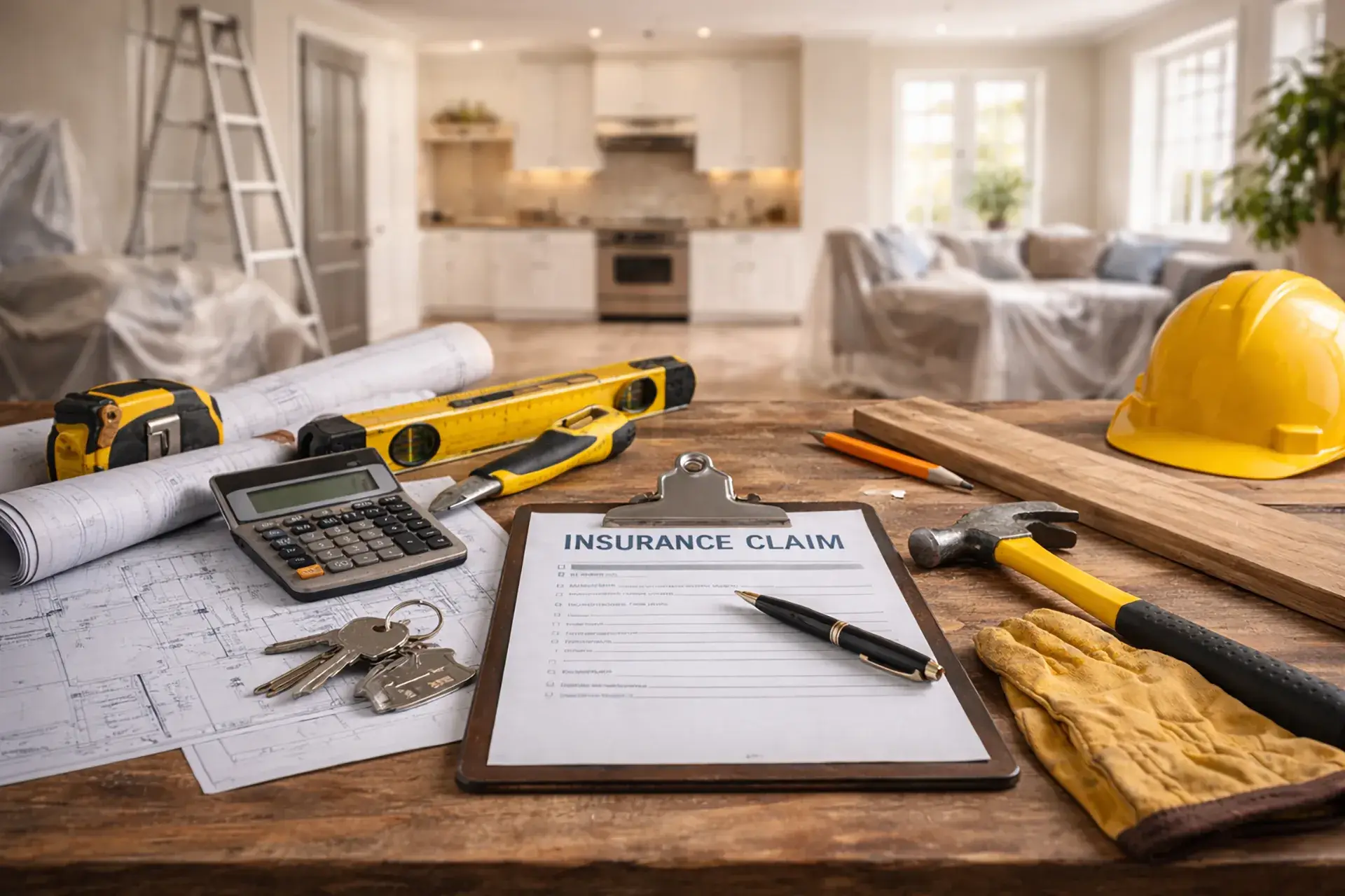 Home renovation workspace with insurance claim paperwork, tools, and blueprints in front of a partially remodeled kitchen and living area