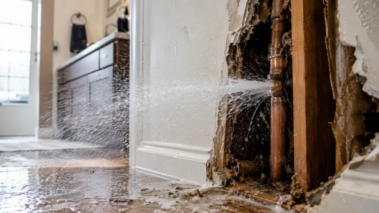 Water sprays forcefully from a burst pipe exposed inside a residential wall, flooding the floor of a home interior.
