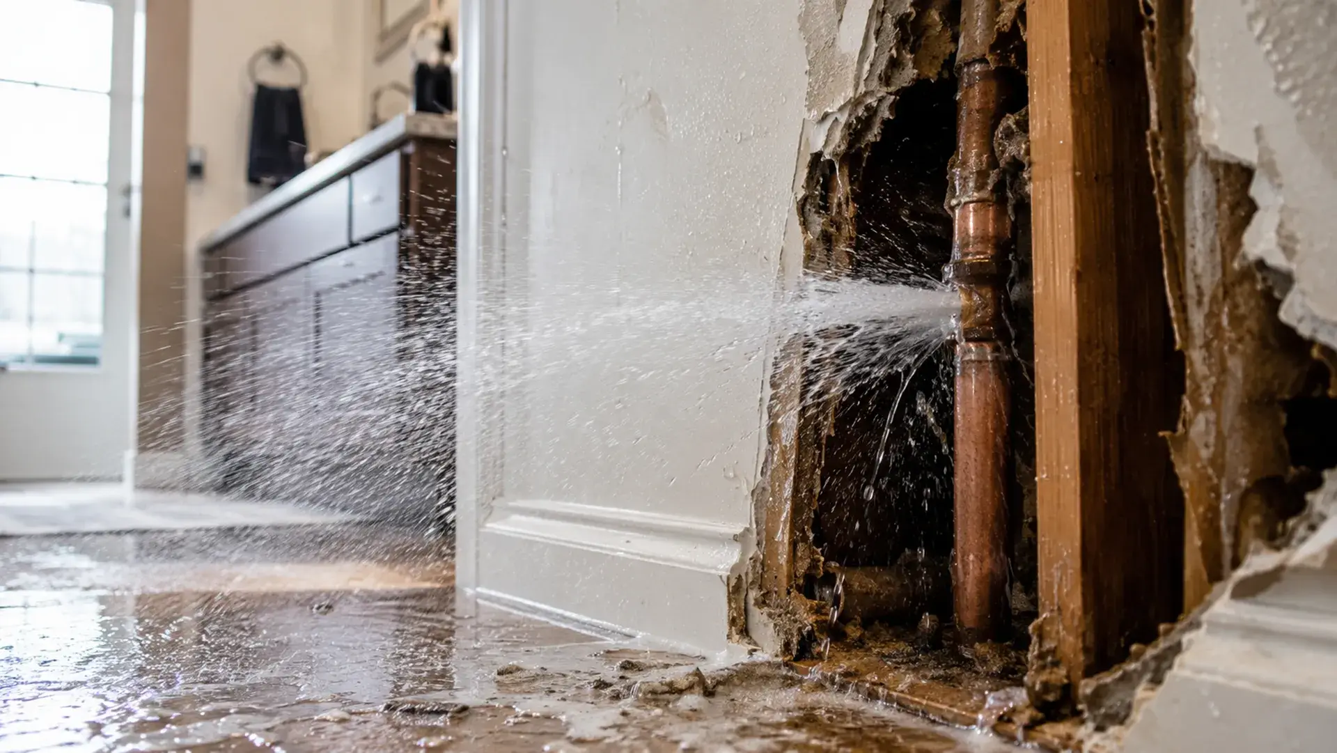 Water sprays forcefully from a burst pipe exposed inside a residential wall, flooding the floor of a home interior.