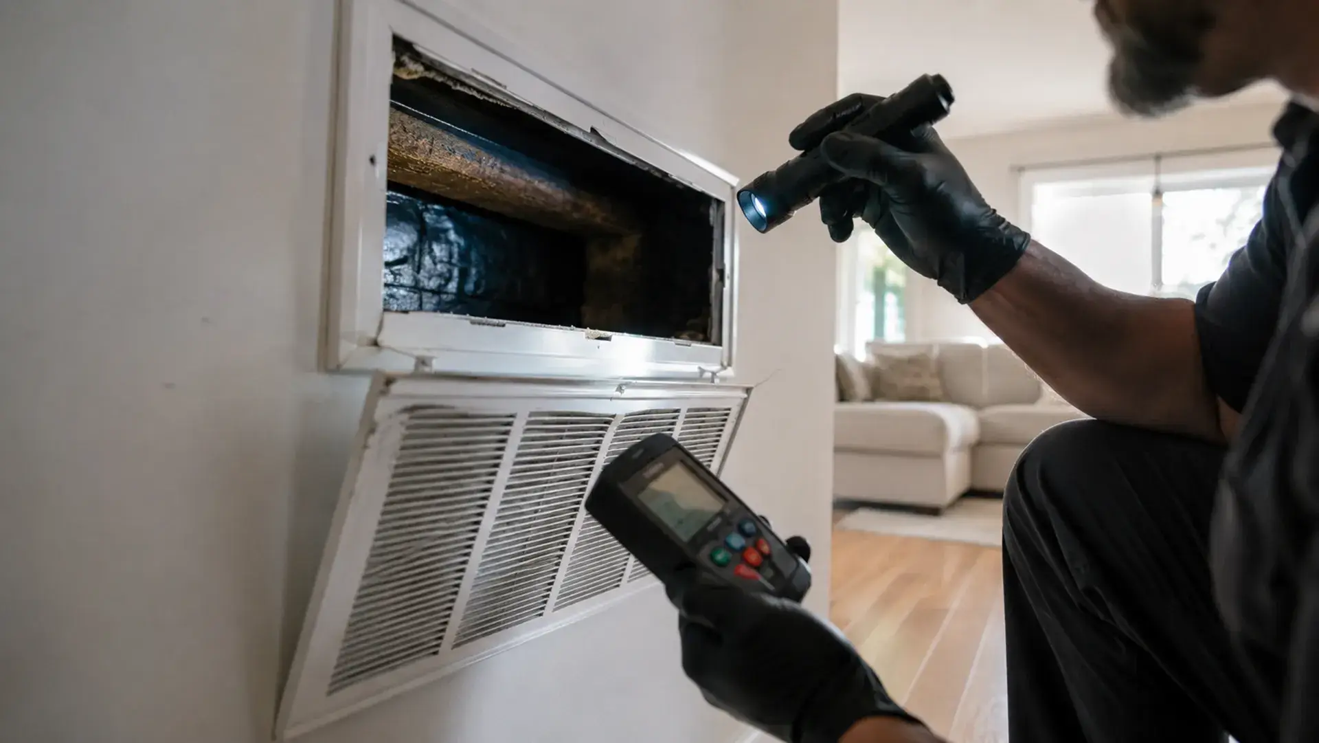 A restoration professional wearing gloves inspects an open HVAC wall vent with a flashlight and moisture meter in a clean residential living room.