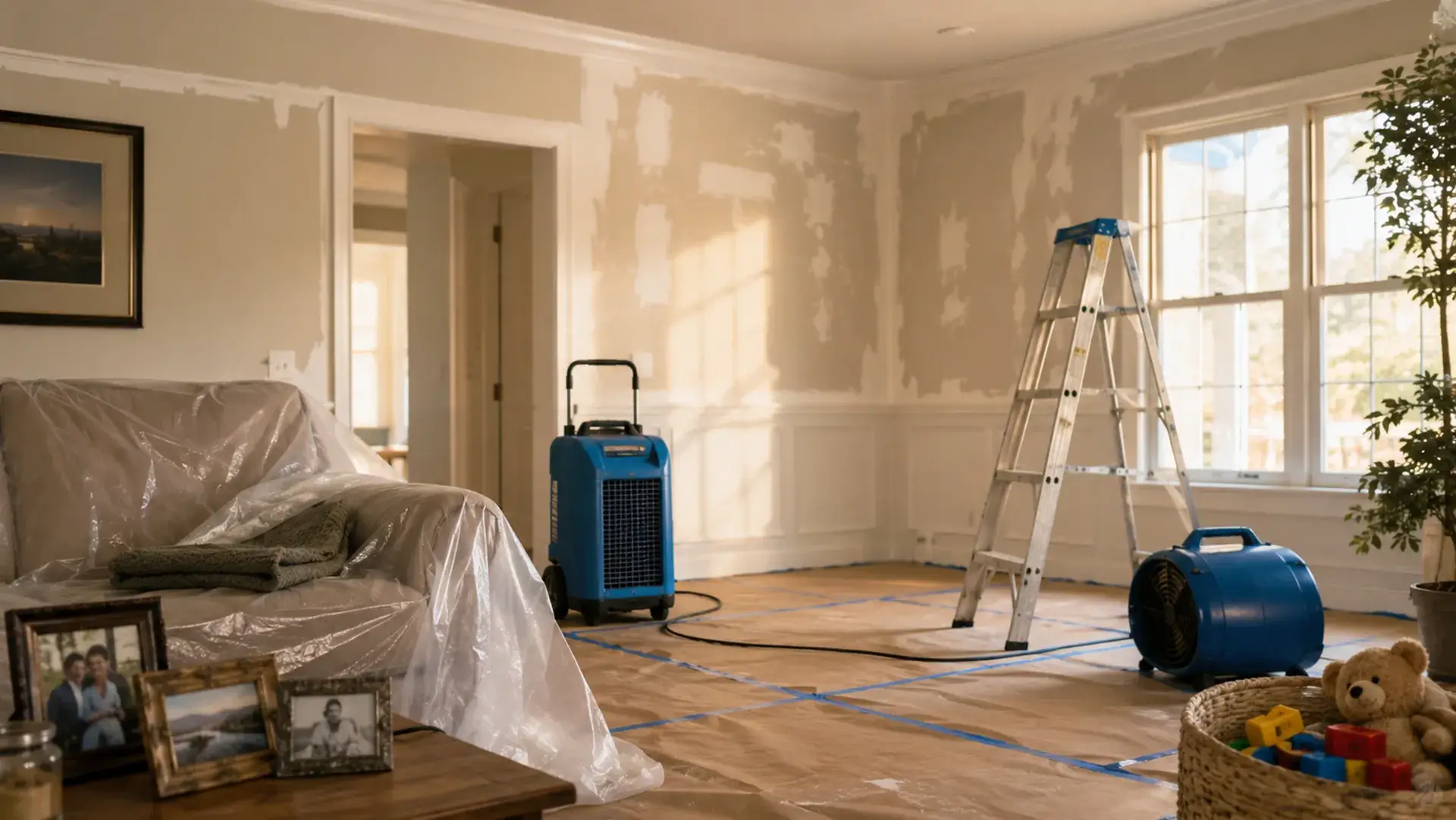 A partially restored living room with patched walls, covered furniture, protective floor covering, and restoration equipment lit by warm natural sunlight.