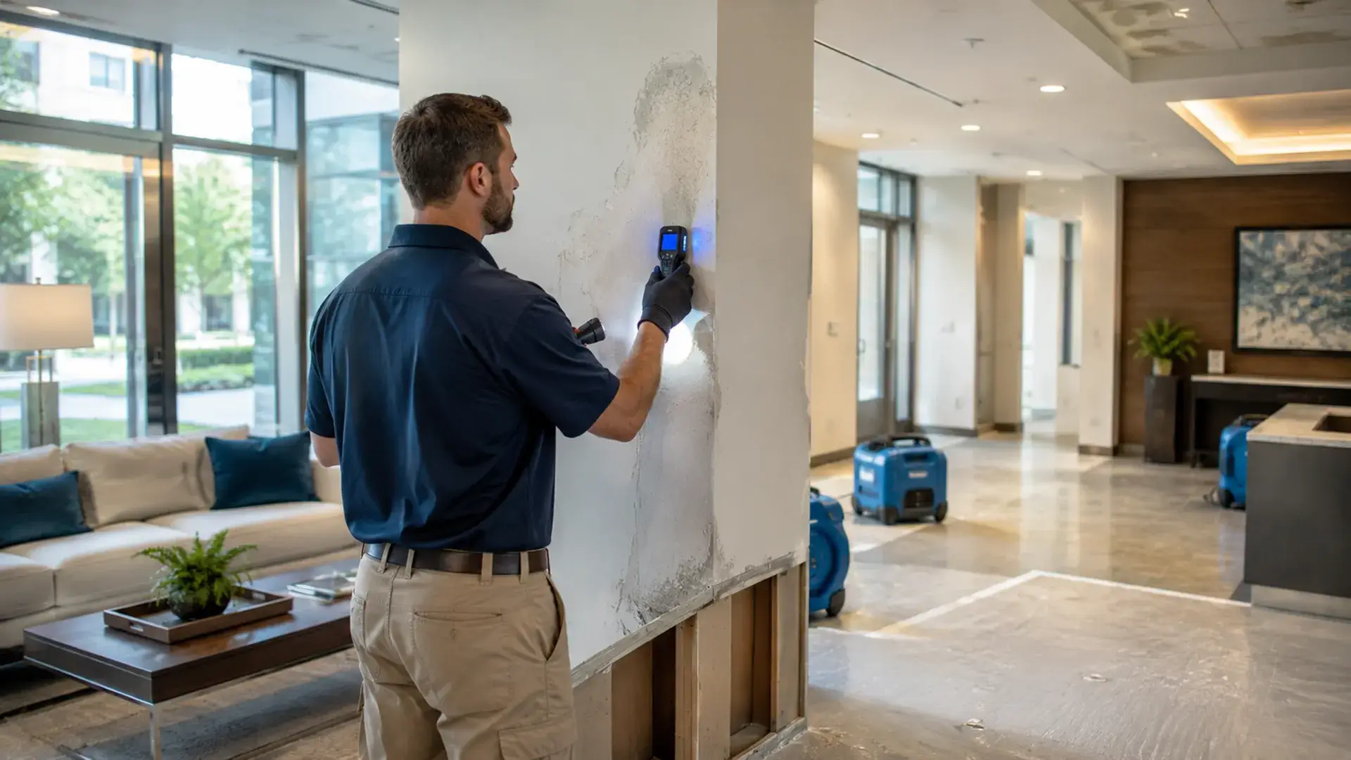 A restoration professional uses a moisture meter to inspect a damaged interior wall in a bright property setting that combines residential and commercial features.