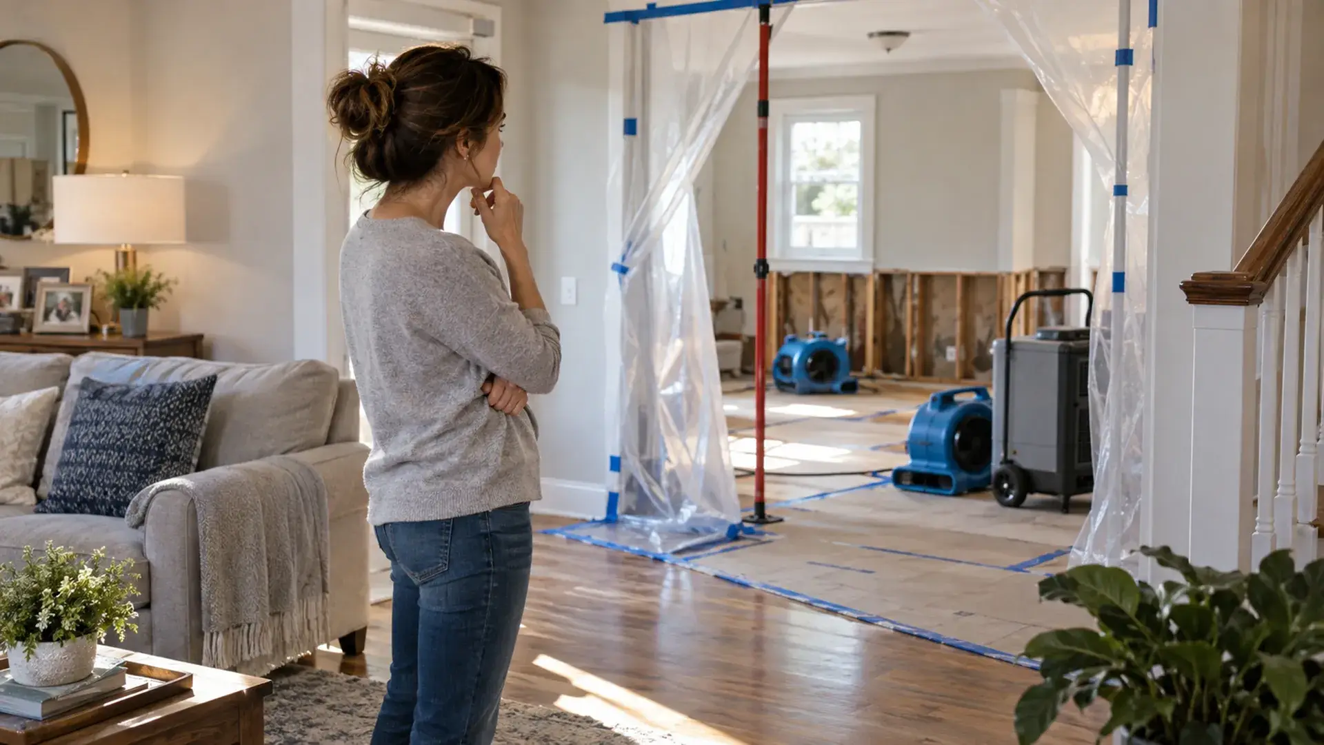 Homeowner looking at a contained water damage restoration area with drying equipment inside the home.