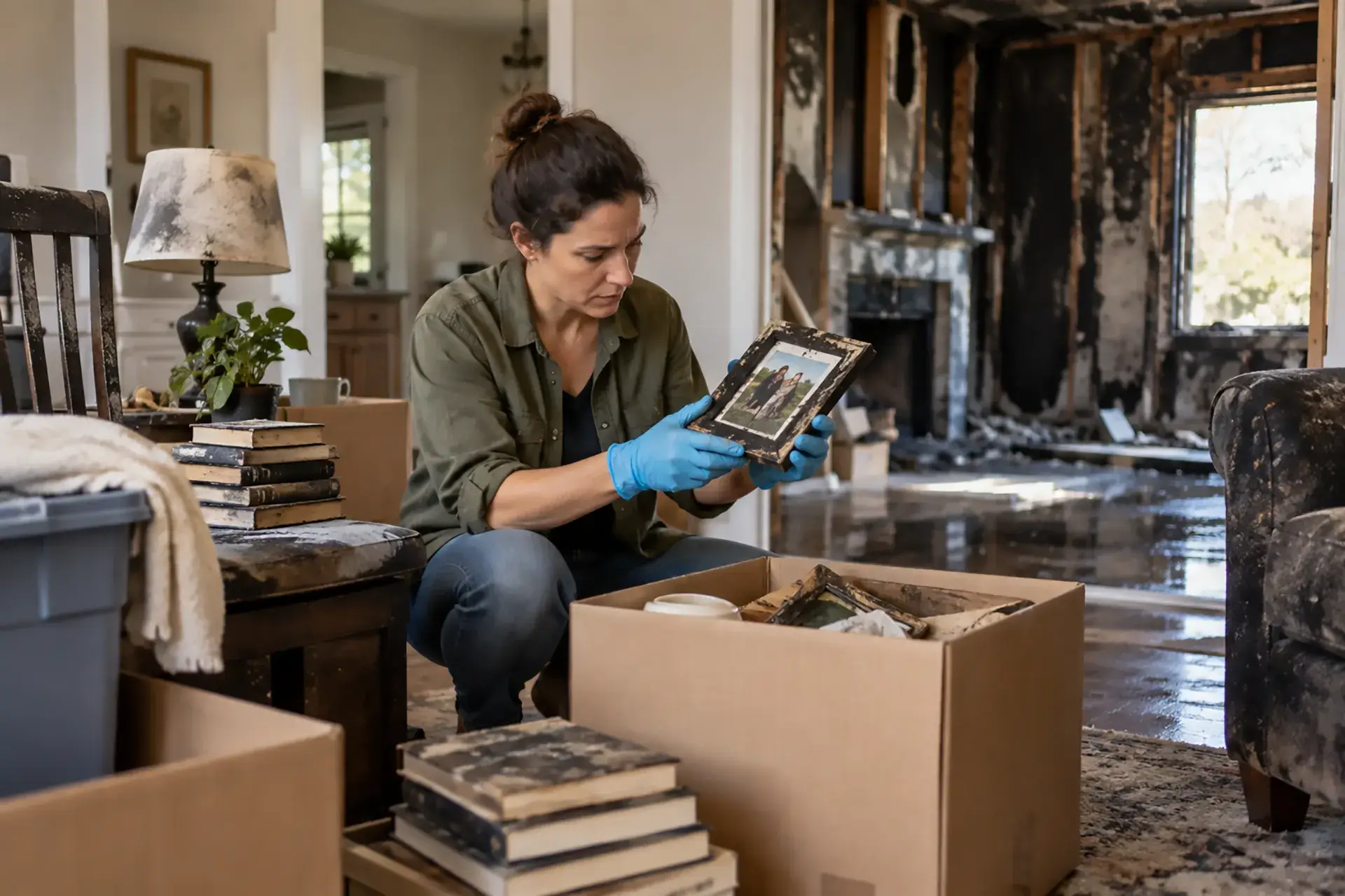 Homeowner in gloves inspecting a soot-damaged framed photograph while sorting salvageable belongings inside a fire-damaged home.